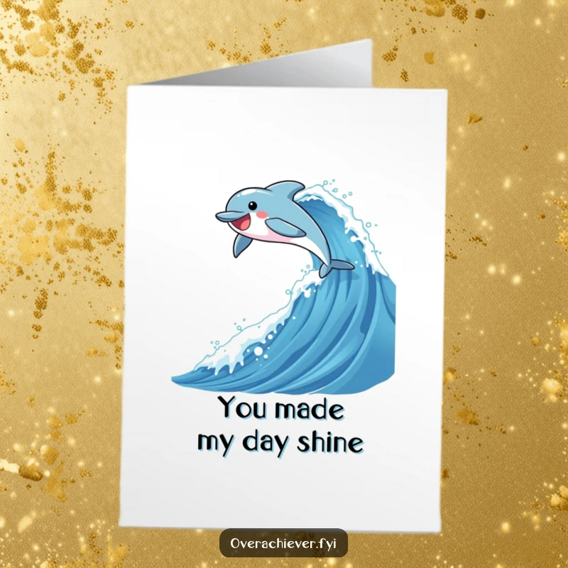Funny Free Printable Thank You Card: A happy dolphin character joyfully leaping over a tall, sparkly wave, expressing thanks with zest.
