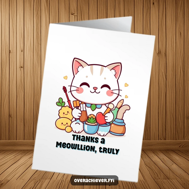 Funny Free Printable Thank You Card: Cat with smug smirk presents perfectly arranged items, a humorous thank you.