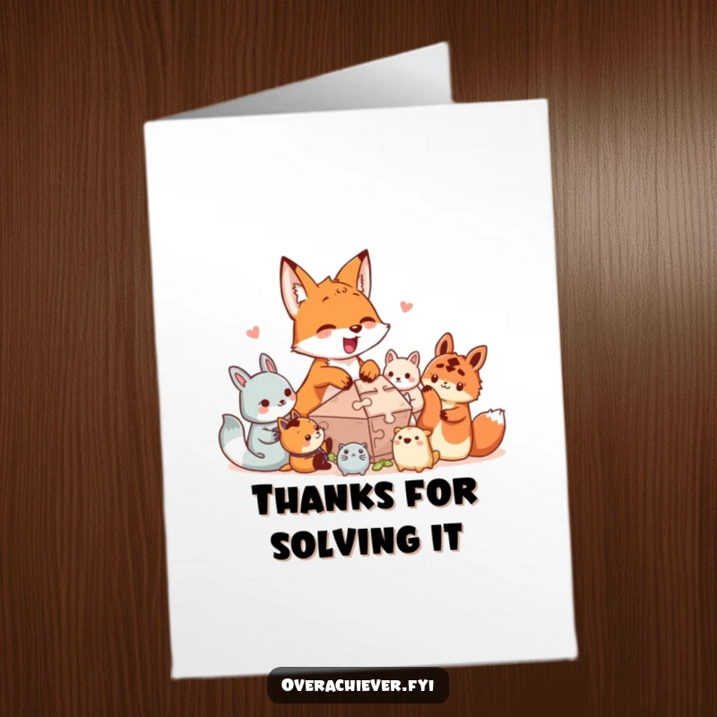 Funny Free Printable Thank You Card: An excited fox character enthusiastically helps smaller creatures solve a complex puzzle, showing thanks.