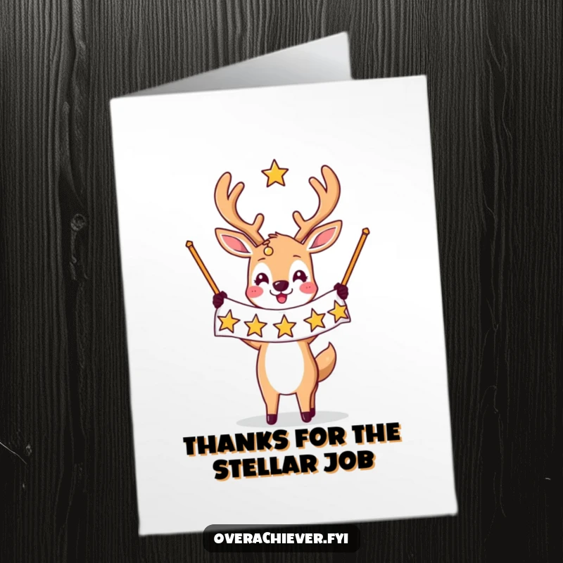 Funny Free Printable Thank You Card: A deer character triumphantly holds a banner displaying many stars, expressing thanks.