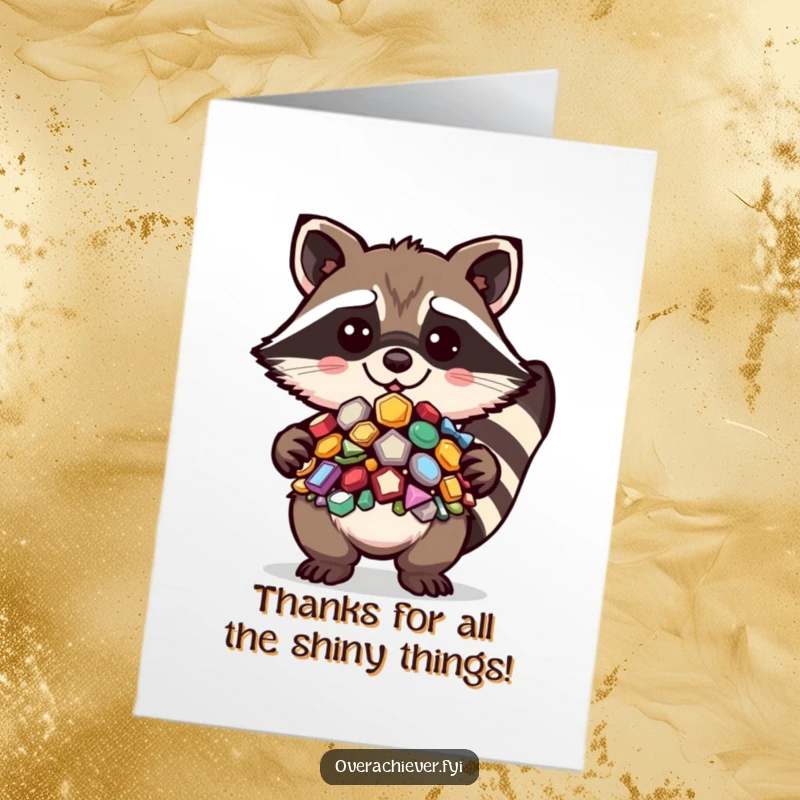 Funny Free Printable Thank You Card: Adorable kawaii raccoon holding up a dazzling pile of shiny objects, a thank you gift.