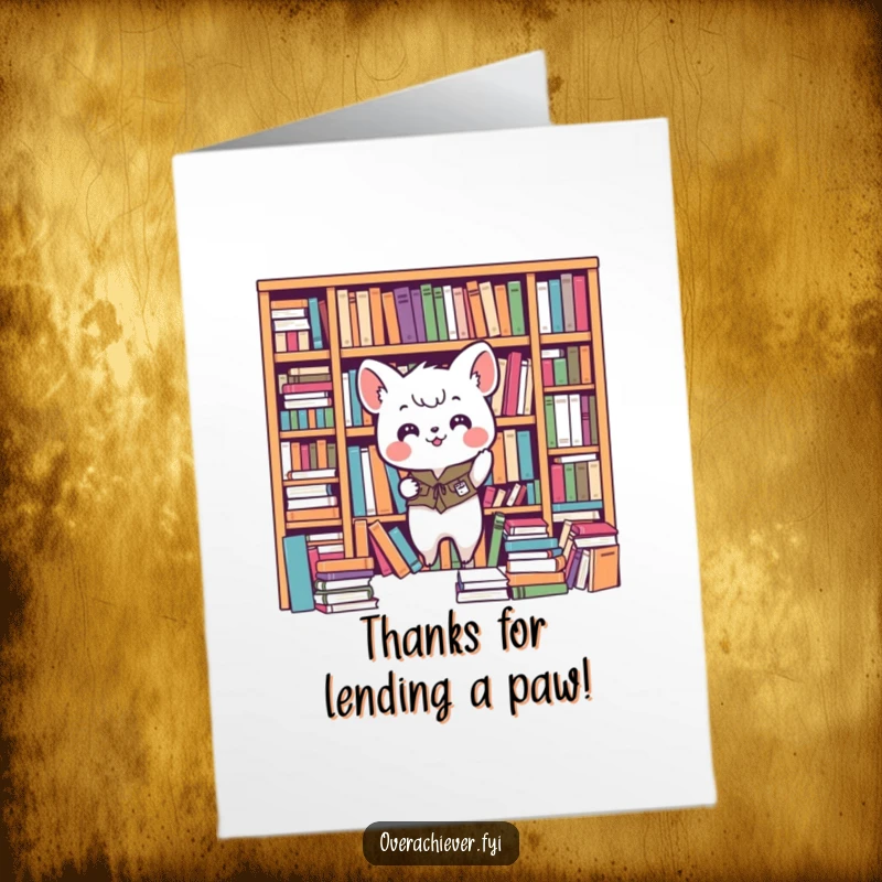 Funny Free Printable Thank You Card: A small animal character organizing a chaotic bookshelf perfectly to express thanks for help.