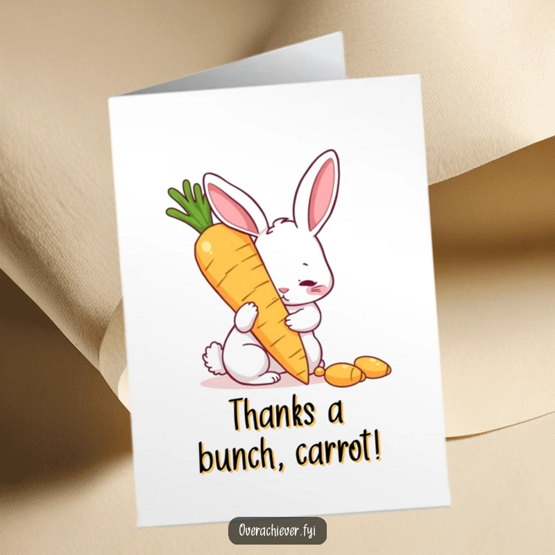 Funny Free Printable Thank You Card: A rabbit meticulously buffs a huge golden carrot with pride.