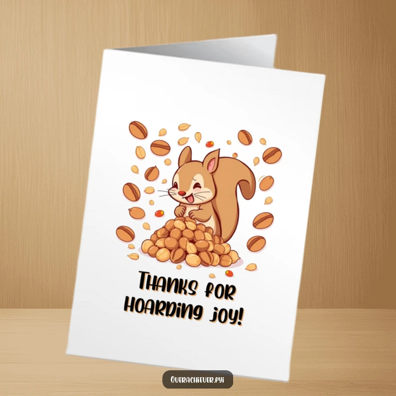 Funny Free Printable Thank You Card: A squirrel juggles nuts, creating an impossibly large pile.