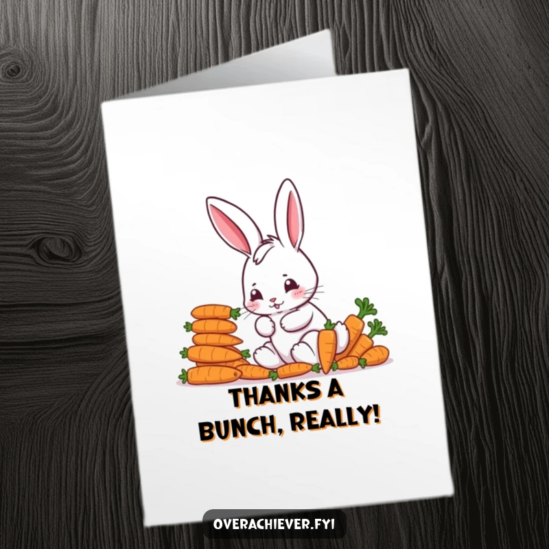 Funny Free Printable Thank You Card: Bunny meticulously arranges carrots, a symbol of thoughtful gratitude.