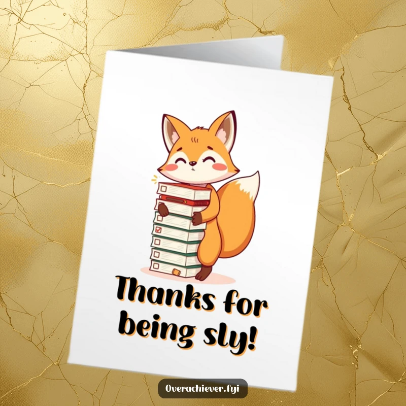 Funny Free Printable Thank You Card: An energetic fox balances a precarious stack of completed to-do lists.