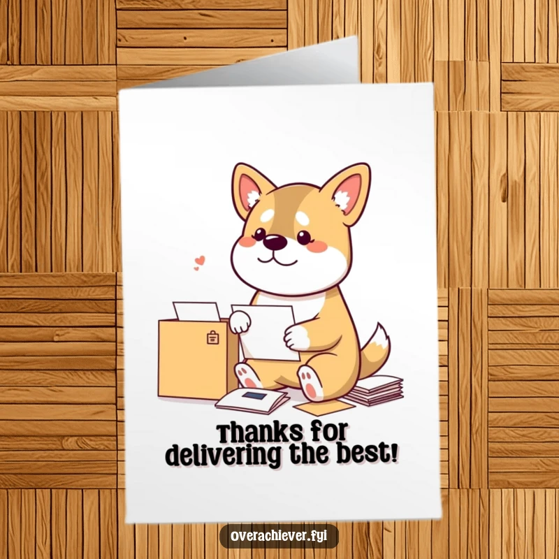 Funny Free Printable Thank You Card: A bouncy dog meticulously sorts mail, expressing thanks with a comical, dedicated postal service vibe.