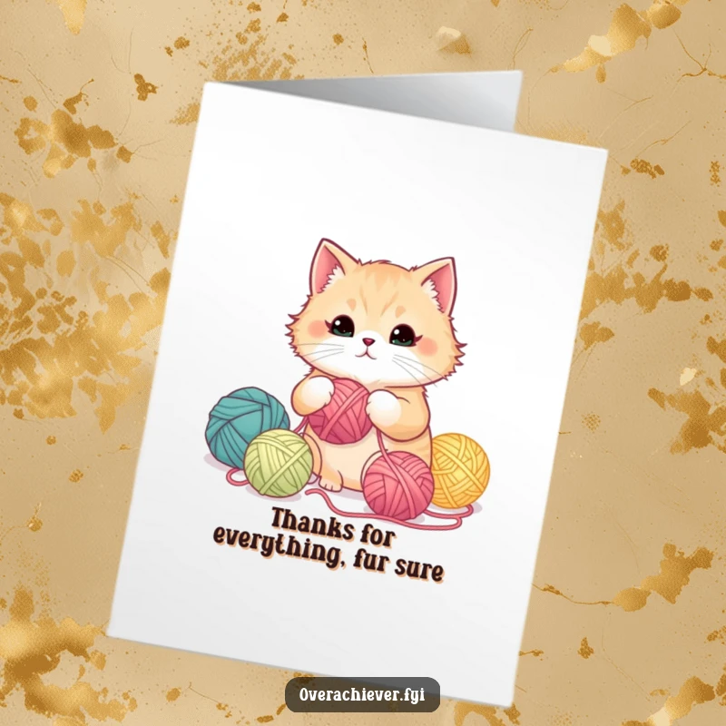 Funny Free Printable Thank You Card: Fluffy cat meticulously organizing yarn balls by color gradient, offering a visually pleasing thank you.