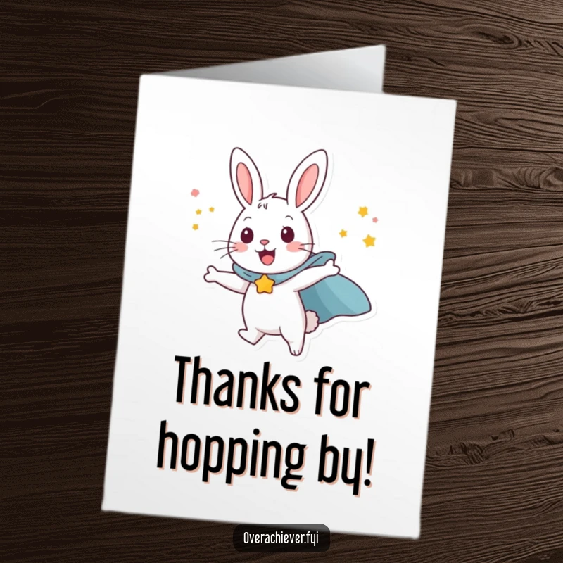 Funny Free Printable Thank You Card: Happy rabbit wearing cape attempting to fly with willpower, expressing thanks.