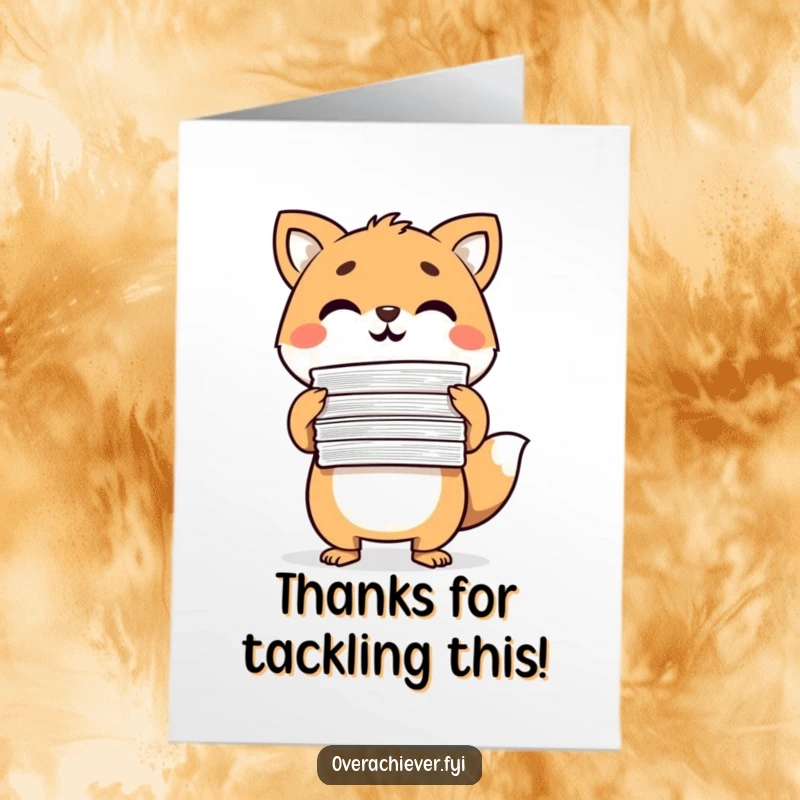 Funny Free Printable Thank You Card: A determined animal character proudly holds a stack of completed papers, signifying a job well done.