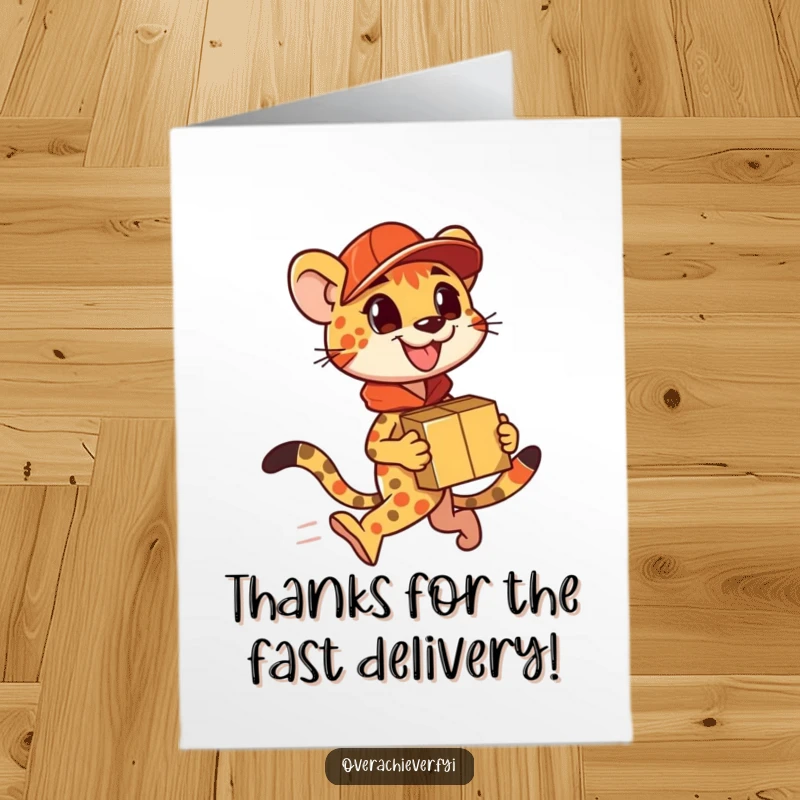 Funny Free Printable Thank You Card with a speeding cheetah carrying a massive number of parcels.