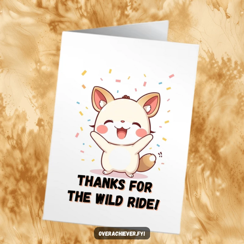 Funny Free Printable Thank You Card: Small animal character cheering with confetti raining down.