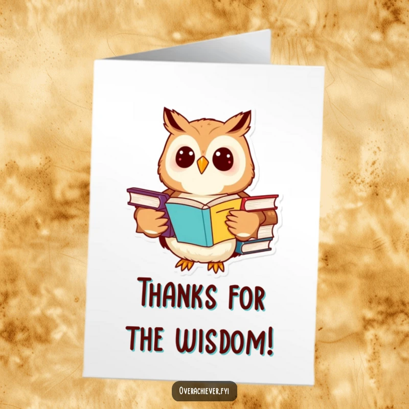 Funny Free Printable Thank You Card: Cheerful owl character studying numerous advanced textbooks, expressing deep thanks.
