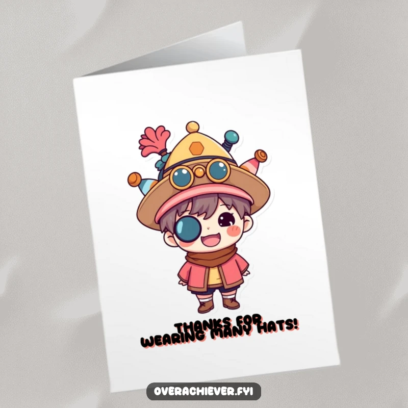 Funny Free Printable Thank You Card: A proud character wearing many hats, showing appreciation for their multi-faceted help.