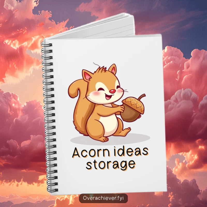 Funny squirrel notebook showing a cheerful squirrel attempting to parallel park a tiny acorn, inspiring creative writing.