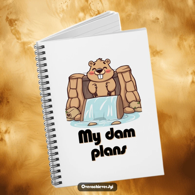 Funny notebook with a cute beaver character proudly building a big dam, ideal for planning ambitious projects.