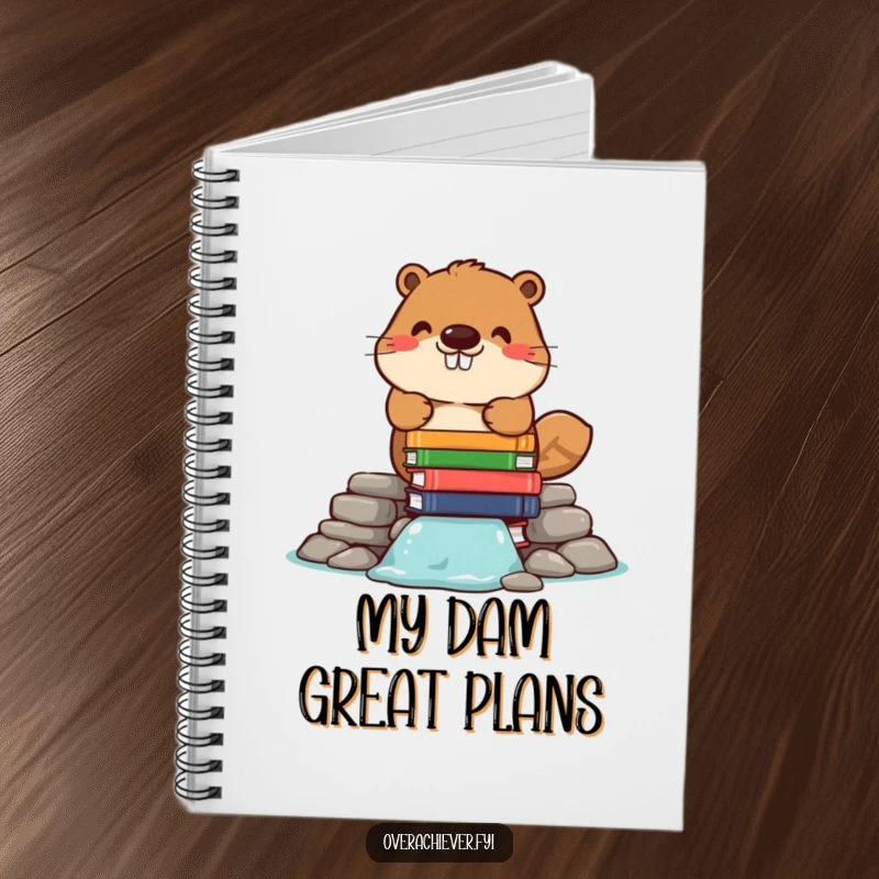 Funny notebook cover with a cheerful beaver character building a dam out of stacked books, perfect for capturing learned thoughts.