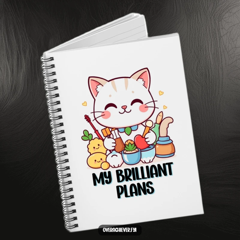 Funny Notebook: A smug cat character proudly presents an organized collection, perfect for jotting down neat thoughts humorously.