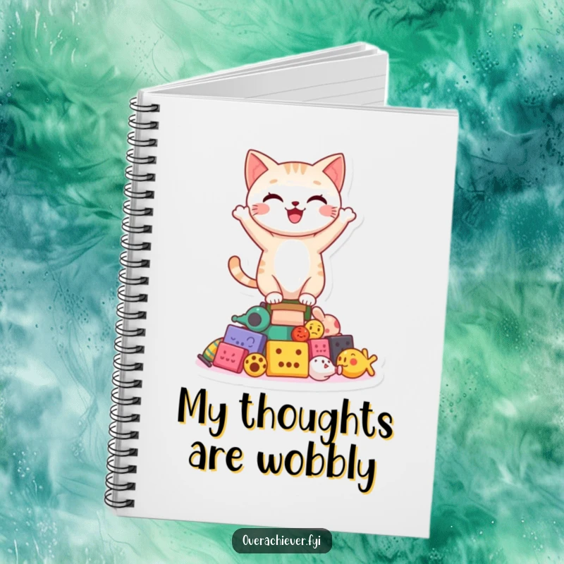 Funny happy cat character balancing on a precarious stack of toys on a notebook cover, inspiring focused writing.