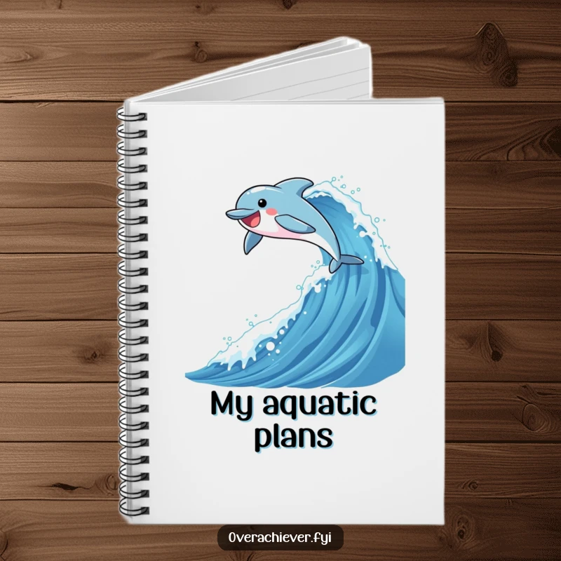 Funny notebook cover with a dolphin character joyfully leaping over a tall, sparkling wave, encouraging creative and adventurous writing.