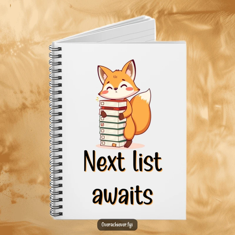 Funny notebook with an energetic fox balancing a huge stack of task lists, ideal for jotting notes with humorous productivity, a good funny gift.