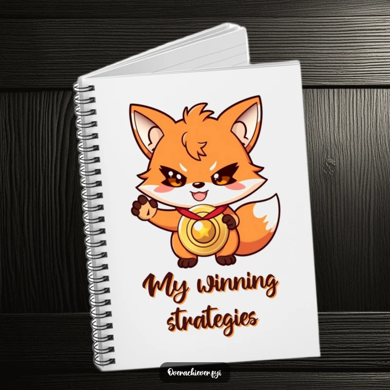 Funny driven fox notebook, with a determined grin, presenting a shiny, oversized medal.