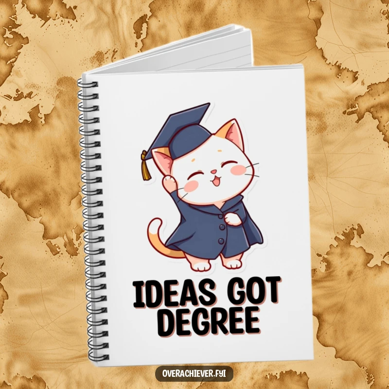 Funny graduation cat notebook featuring a cute cat in a graduation cap mid-air toss, inspiring academic success and note-taking.