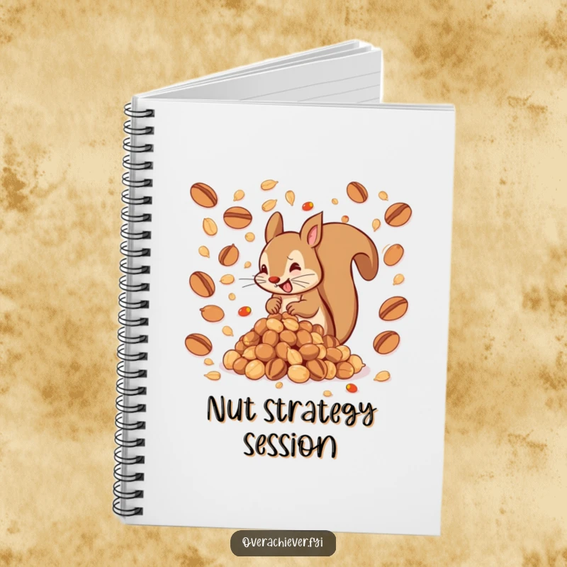 Funny notebook with a hyperactive squirrel assembling a huge pile of nuts, ideal for jotting notes with humorous energy, a good funny gift.