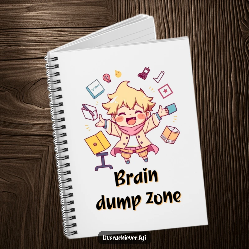 Funny notebook cover showing a character joyfully juggling an extreme number of tasks, symbolizing productivity and creativity.