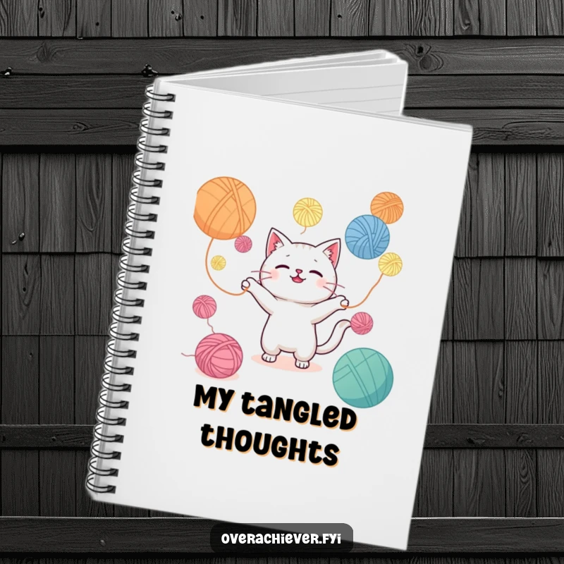 Funny notebook cover with a Kawaii cat character juggling a huge pile of yarn balls, ideal for notes and project planning.