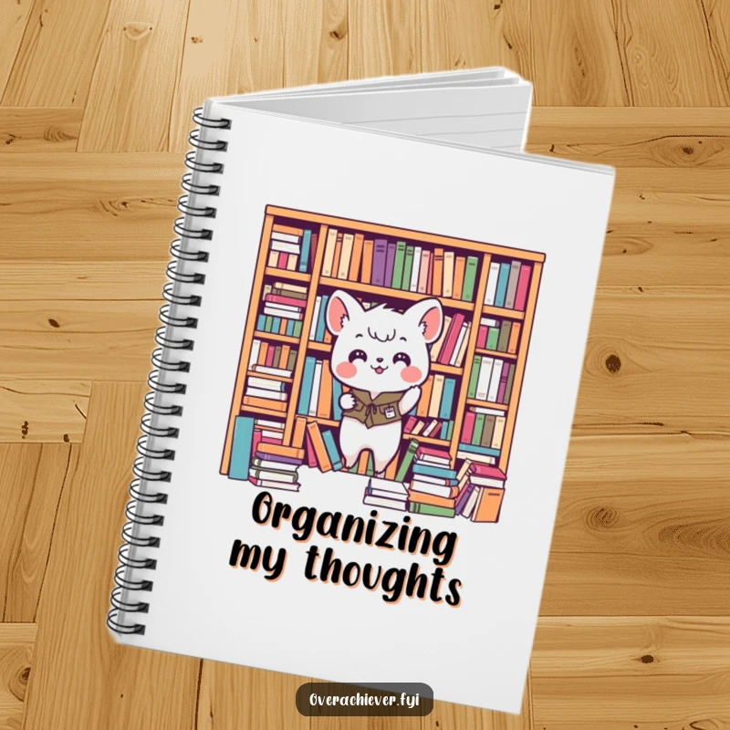 Funny animal notebook, enthusiastically tidying a chaotic bookshelf, ideal for jotting down organized thoughts. A humorous stationery gift.