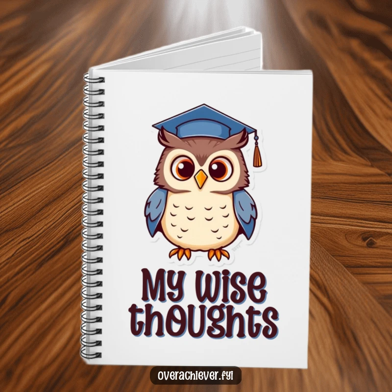 Funny notebook featuring a determined owl wearing a tiny graduation cap, proudly hooting, ideal for journaling wisdom.