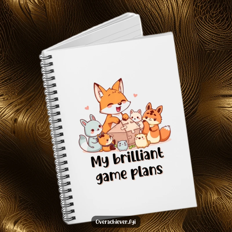 Funny notebook cover: An excited fox character helps smaller creatures solve a complex puzzle, encouraging clever thinking and note-taking.