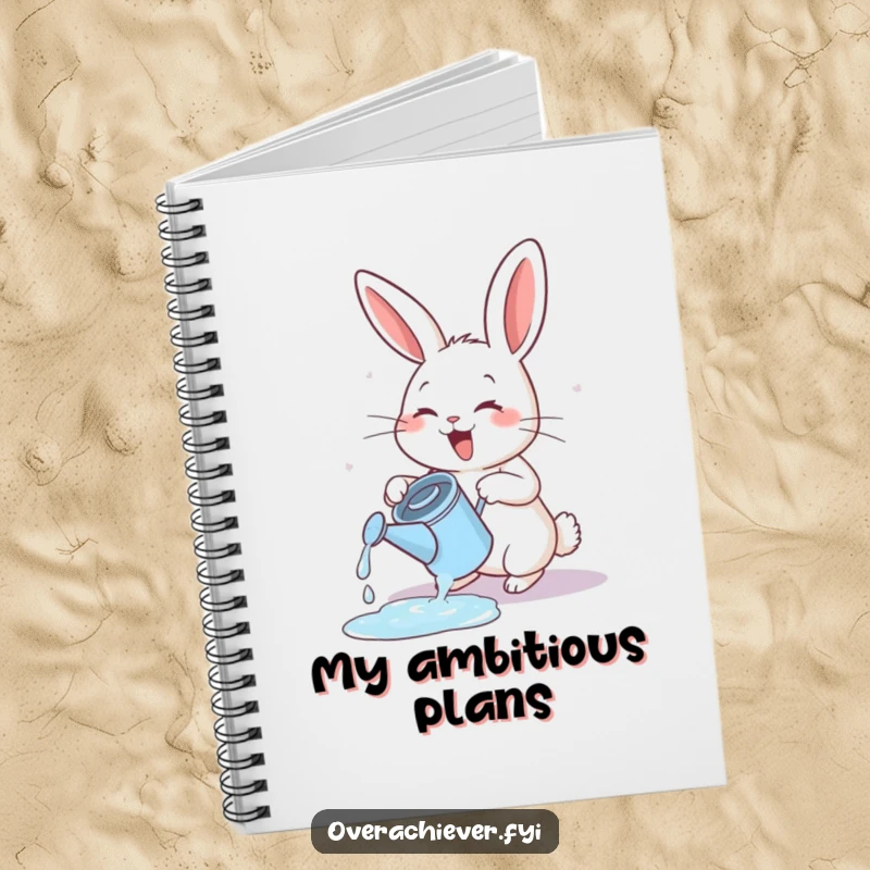 Funny energetic rabbit notebook, exuberantly watering a tiny, overflowing watering can, for garden notes.
