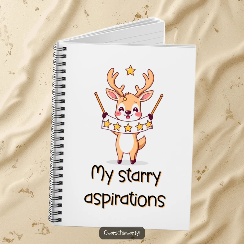 Funny notebook cover: A triumphant deer character holds a banner filled with stars, encouraging ambitious thoughts and note-taking.
