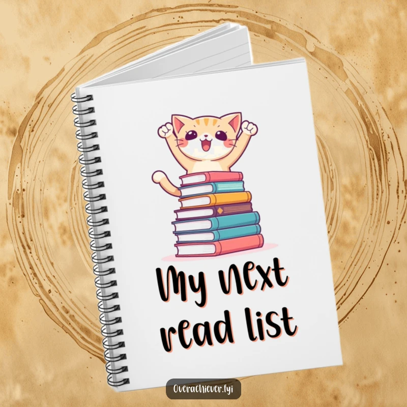 Funny notebook cover with a triumphant cat character conquering a towering stack of books, symbolizing ambition and note-taking success.
