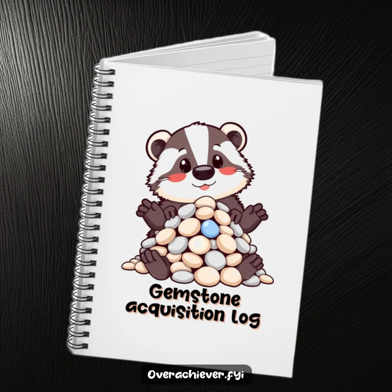 Funny notebook with a proud badger displaying a huge pile of shiny pebbles, ideal for jotting notes with humorous order, a good funny gift.