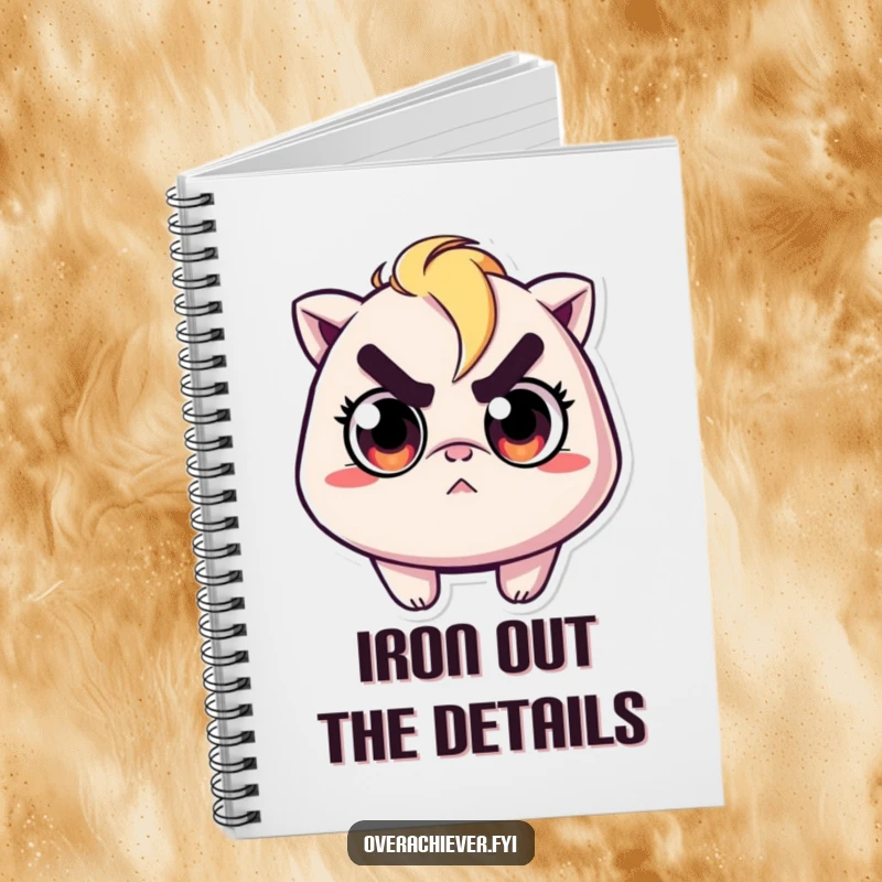 Funny notebook cover showing a character with wide, determined eyes, focused on ironing a minuscule wrinkle with sharp intent.