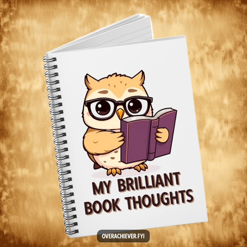 Funny notebook cover: A cute owl character in spectacles reads an important book, encouraging studious thoughts and note-taking.