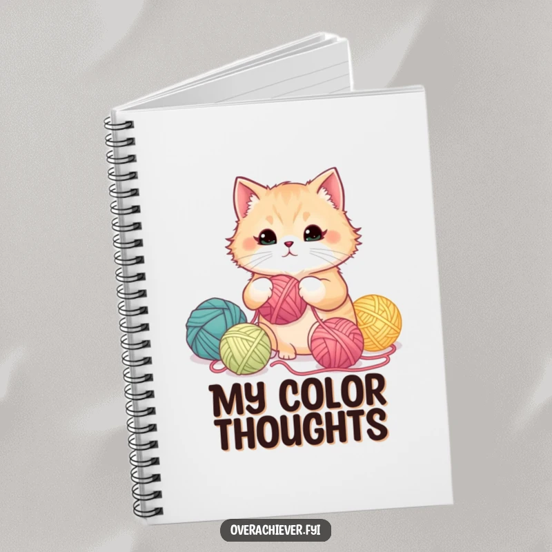 Funny fluffy cat meticulously organizing yarn balls by color gradient on a notebook, perfect for creative logs.