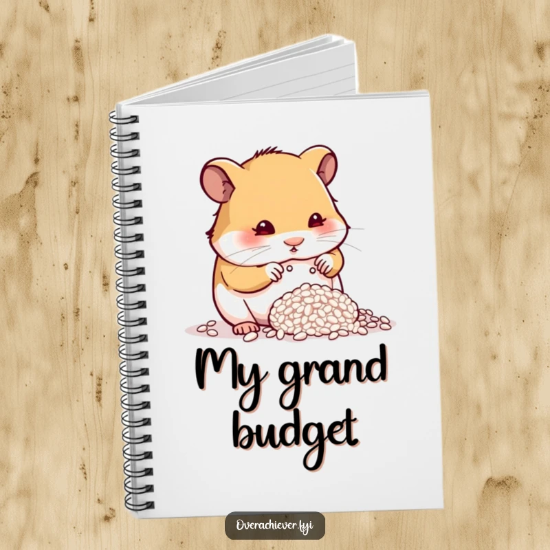Funny determined hamster counting a single grain of rice on a notebook, perfect for detailed note-taking.