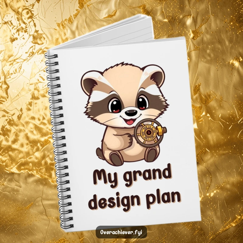 Funny Notebook: A delighted badger character with wide eyes, examining a tiny, intricate mechanism, for all your notes.
