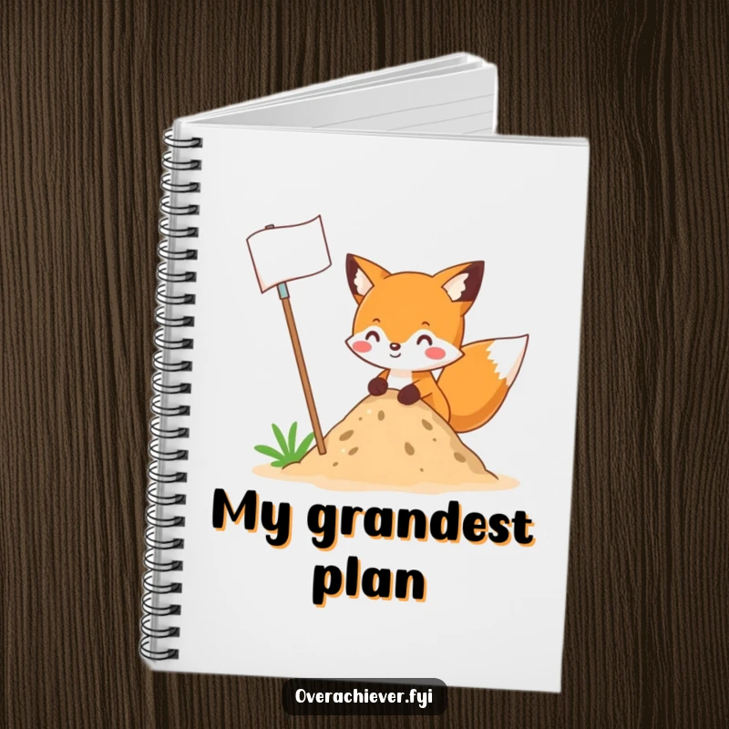 Funny fox planting a giant flag in a small dirt pile, on the cover of a notebook, for jotting down funny ideas.