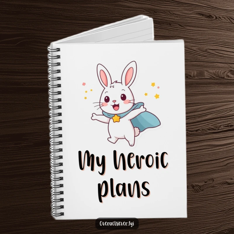 Funny happy rabbit character wearing a superhero cape, attempting to fly with sheer willpower, a charming and humorous notebook.