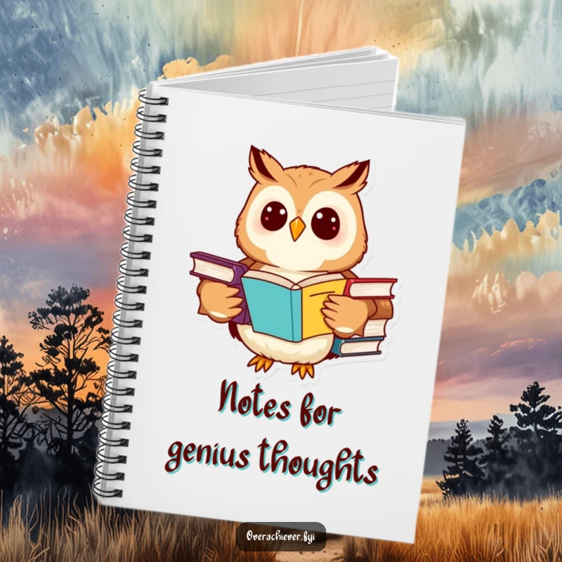 Funny owl notebook with a cheerful character studying textbooks, ideal for notes and study planning.