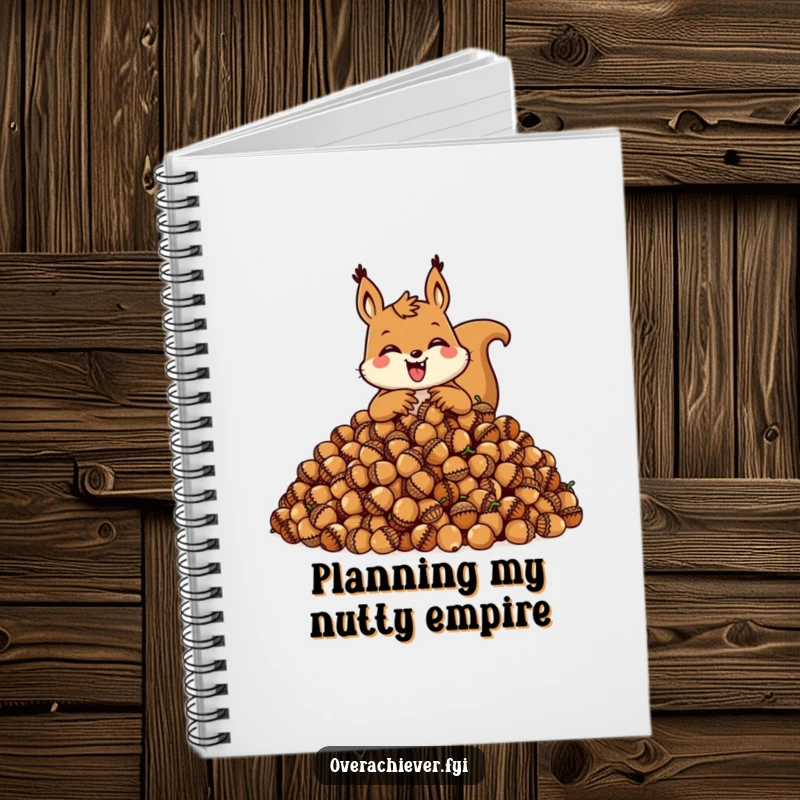 Funny squirrel notebook with a happy character hoarding acorns, ideal for notes and planning.