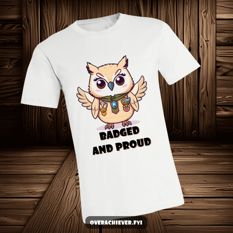 Funny t-shirt with a diligent owl character proudly wearing numerous badges of honor, representing dedication and excellence.
