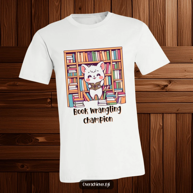 Funny small animal character t-shirt, enthusiastically arranging books on a chaotic shelf, showcasing perfect organization and humor. A great gift.