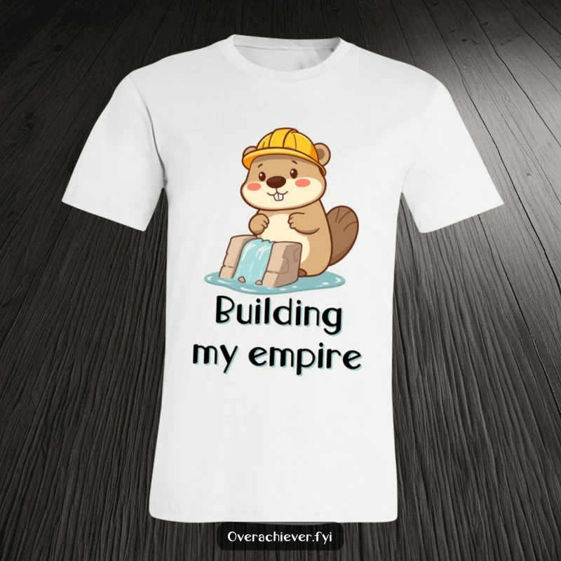 Funny beaver character wearing a hard hat, intently constructing a miniature dam, a humorous work shirt.