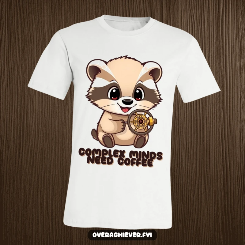 Funny T-Shirt: A delighted badger character with big, amazed eyes studying a minuscule, detailed mechanical contraption.